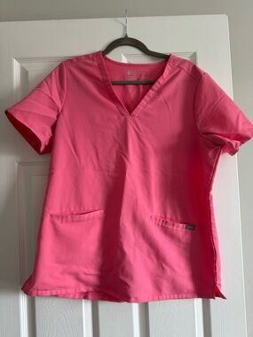 Figs Women's V-Neck Scrub Top and straight leg pants in Bright Pink